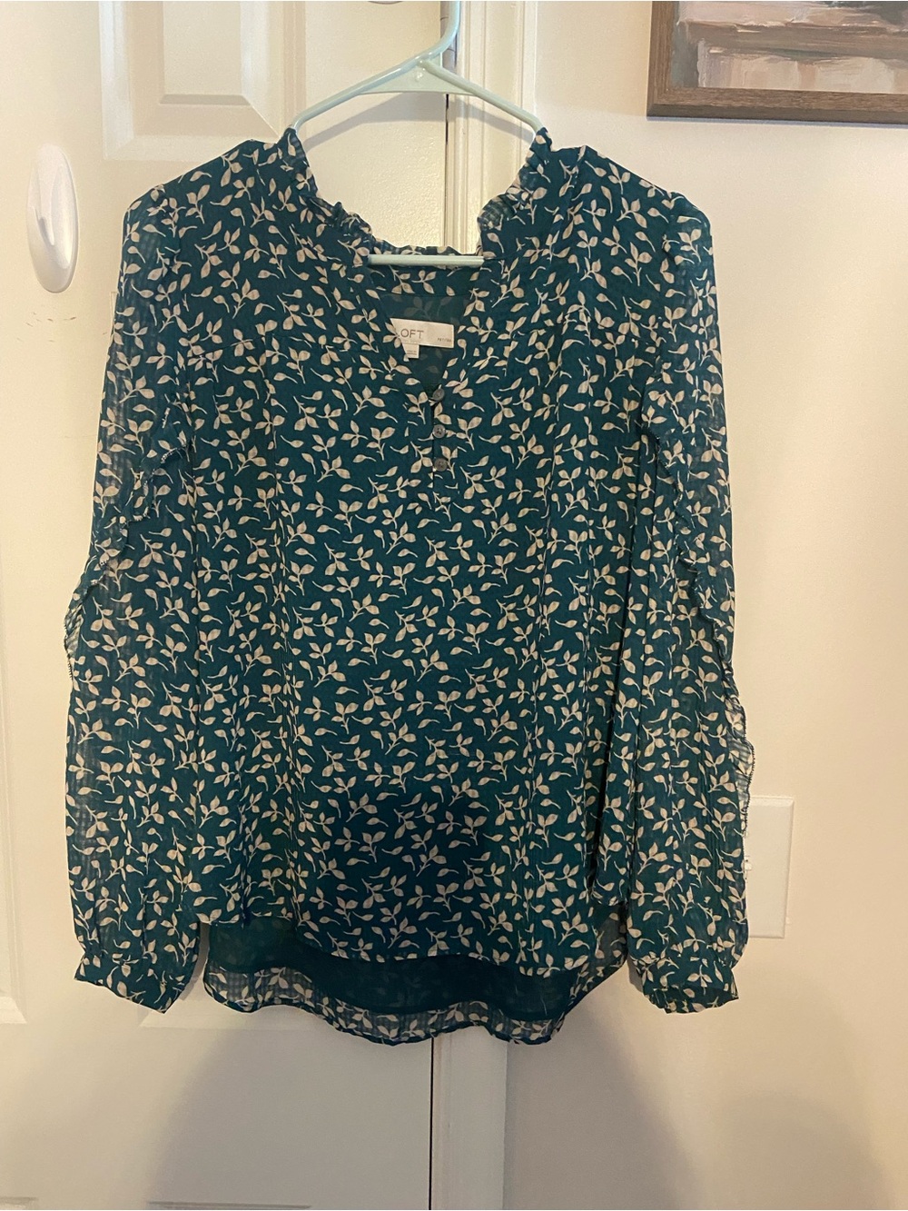 LOFT Teal Leaf-Print Ruffle Neck Blouse